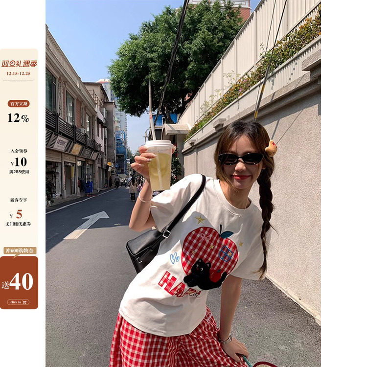 CCKOK小黑猫格纹苹果正肩T恤