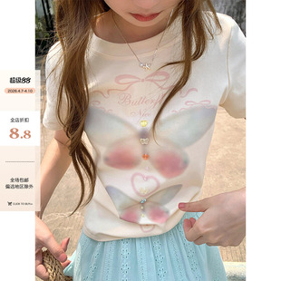 新款 CCKOK 梦幻蝴蝶印花立体修身 正肩T恤2026夏季 女 盐系少女短袖