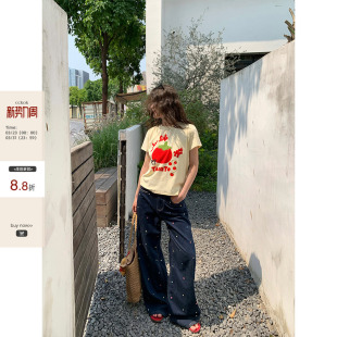 卡通减龄短袖 韩版 CCKOK西红柿印花字母刺绣正肩T恤夏季 女 现货