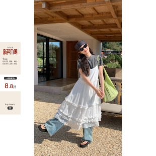 CCKOK春夏新品 韩女系通勤穿搭出街白色雪纺拼接钩花吊带蛋糕裙女