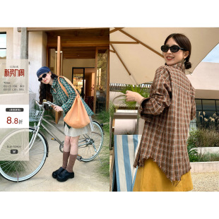 口下摆流苏100%棉格纹复古衬衫 穿搭袖 女 韩系通勤 CCKOK春夏新品