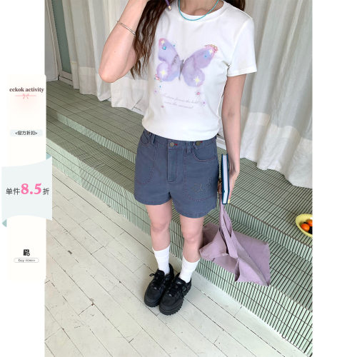 梦幻蝴蝶印花装饰正肩短袖T恤
