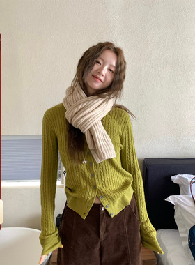 CCKOK 1220/20:00冬季韩系通勤穿搭纯色麻花贝壳扣针织开衫女上衣