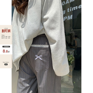 小众蝴蝶结刺绣设计阔腿直筒裤 假两件竖条纹西裤 CCKOK 女 现货