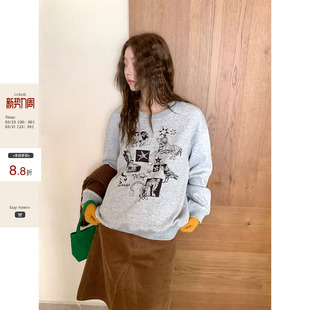 韩系通勤保暖单色板画印花圆领加绒卫衣女 CCKOK早春冬季 现货