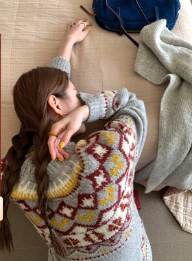 CCKOK 冬季韩系时尚气质减龄舒适古着费尔岛慵懒感圆领宽松毛衣女