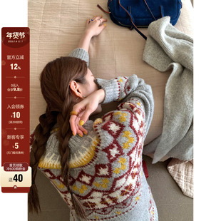 CCKOK 冬季韩系时尚气质减龄舒适古着费尔岛慵懒感圆领宽松毛衣女