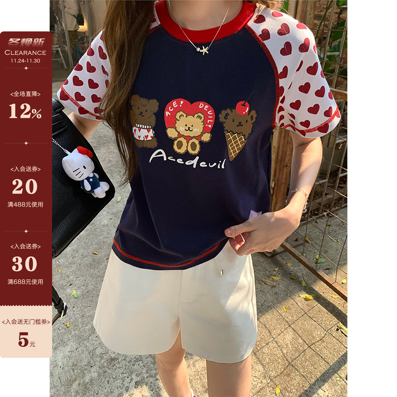 CCKOK 小熊印花爱心插肩袖T恤2025夏季新款日系减龄可爱短袖女