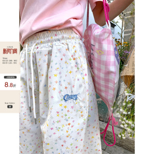 抽绳设计直筒高腰阔腿裤 CCKOK 新款 2025夏季 女 手绘星星印花休闲裤