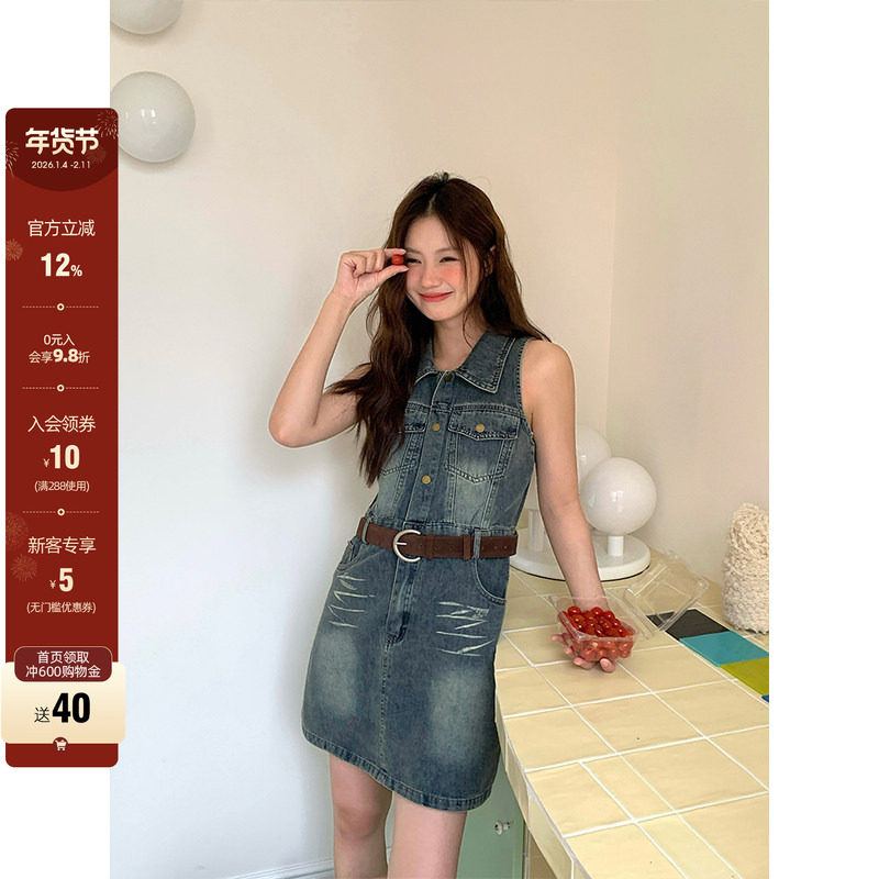 CCKOK 复古洗水蓝翻领背心牛仔连衣裙2025夏季新款薄款无袖短裙,女装/女士精品,连衣裙,淘宝优惠券,粉丝福利购,淘宝优惠卷