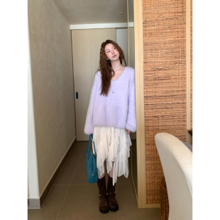 秋冬高级感少女通勤风V领仿貂毛柔软慵懒感毛衣女 CCKOK 现货