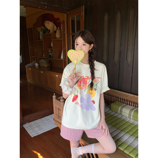 CCKOK水果印花宽松短袖2026夏季新款棉休闲舒适小众设计T恤女