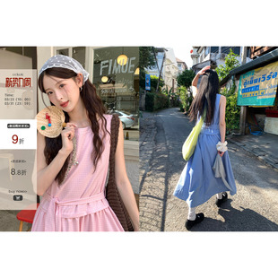 新款 背心绑带连衣裙2026夏季 莱赛尔温柔风中长裙 细格纹无袖 CCKOK