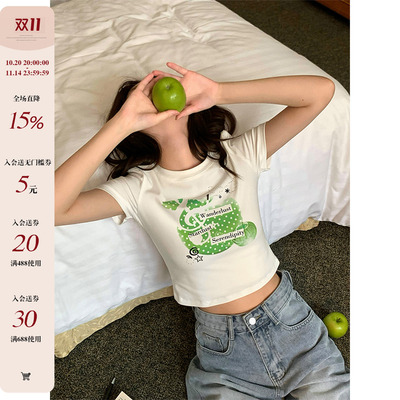 CCKOK 小清新青苹果音符印花短袖2025夏季新款修身短款白色T恤女