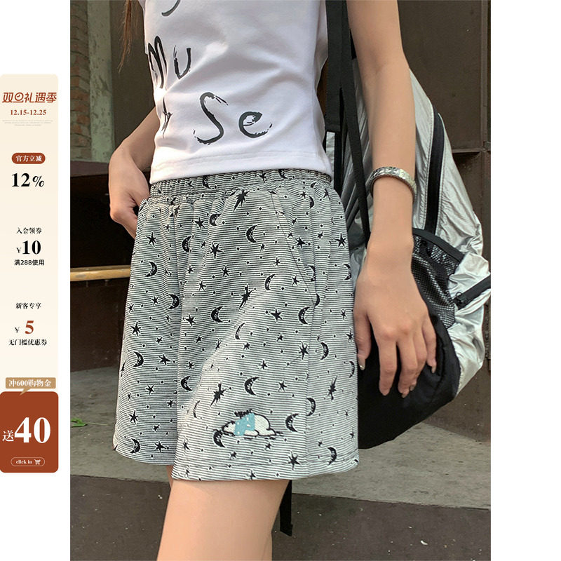 【现货】CCKOK 星星月亮小熊刺绣短裤高腰小个子休闲A字热裤女夏