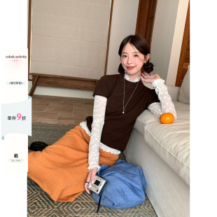 CCKOK 春夏新品韩女系通勤气质小花透视蕾丝半高领打底衫女