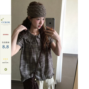 CCKOK 格纹花边娃娃领短袖衬衫2026夏季新款咖色格子休闲外套女