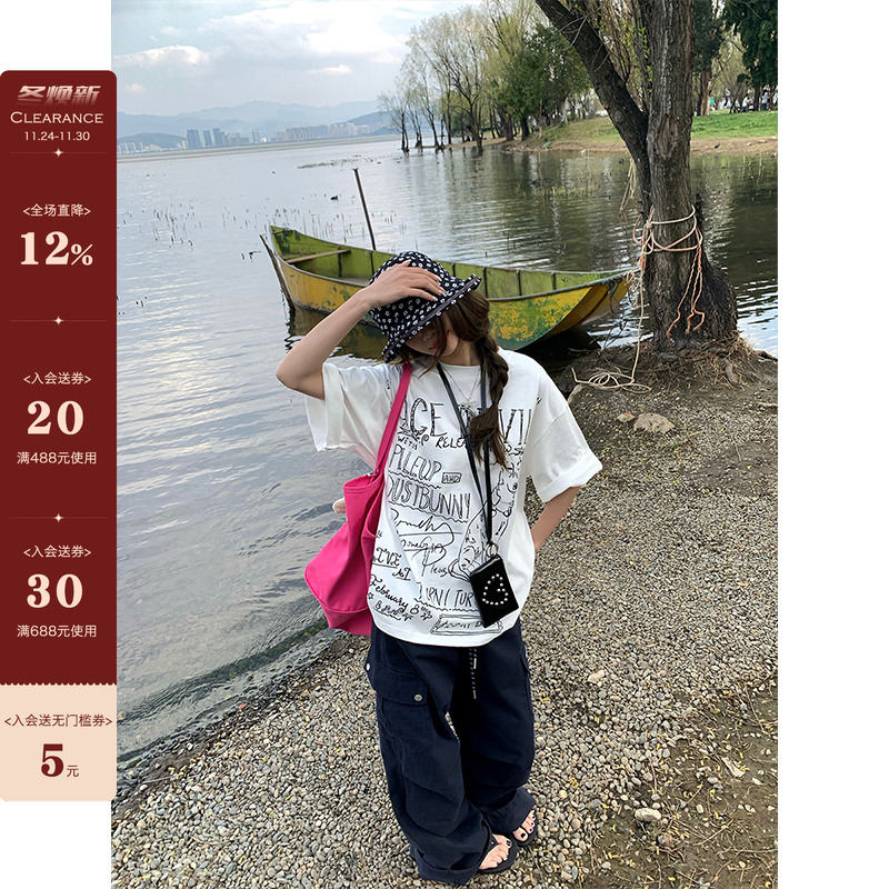 【现货】线描大幅狗狗印花字母宽松T恤2025夏季宽松慵懒短袖女