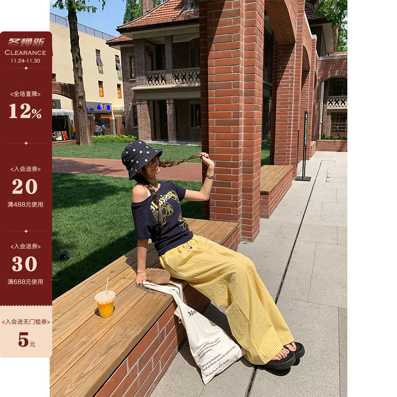 【现货】CCKOK 海盐芝士挂坠拼蕾丝格纹休闲裤薄款格子抽绳裤女夏