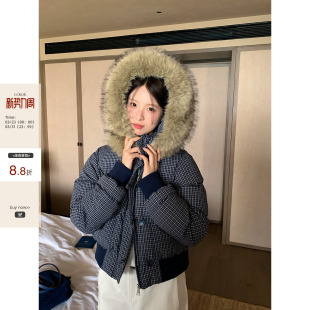 CCKOK 韩系通勤藏蓝细格纹可拆卸毛领保暖短棉服外套女 冬季