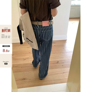 夏季 竖条纹直筒阔腿牛仔长裤 新款 薄款 女 宽松小众休闲裤 现货