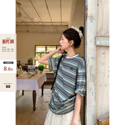 CCKOK 白边混色条纹宽松T恤2026春夏新款复古港风减龄休闲短袖女