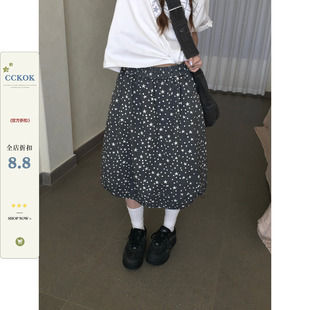 CCKOK 轻亚波点星星花苞中裙2026夏季新款薄款黑灰色小众半身裙女