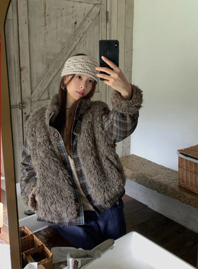 CCKOK 秋冬新品韩系少女宽松百搭磨毛格纹拼接毛绒夹棉外套女