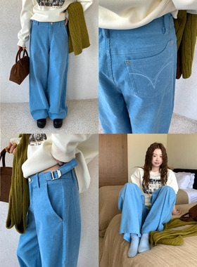 CCKOK 韩系通勤穿搭保暖冬天一抹亮色细灯芯绒阔腿天蓝色休闲裤女