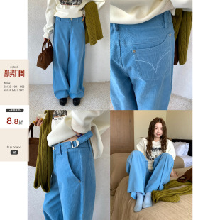 CCKOK 女 韩系通勤穿搭保暖冬天一抹亮色细灯芯绒阔腿天蓝色休闲裤