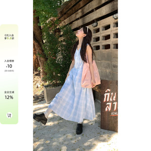 CCKOK 薄荷冰蓝格纹背心连衣裙2026春夏新款浅色系温柔风初恋长裙