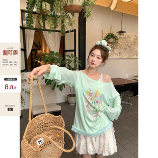 薄罩衫 手绘花束立体蝴蝶结透感长袖 CCKOK 露斜肩上衣女夏 现货