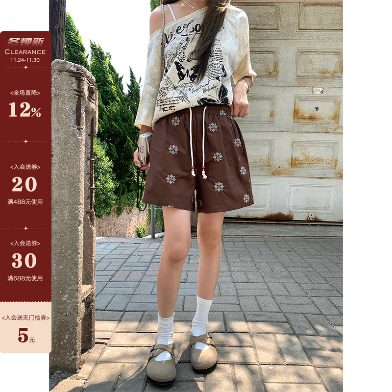 【现货】CCKOK 复古图腾刺绣串珠短裤夏季抽绳直筒阔腿五分裤女