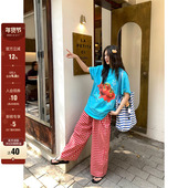 西红柿印花宽松湖蓝色T恤2025夏季 新款 美式 CCKOK 宽松显瘦短袖 女