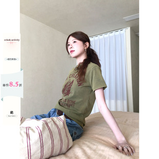 CCKOK复古蝴蝶洗水T恤2026夏季新款美式甜酷修身休闲咸菜绿短袖女
