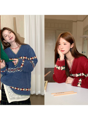 CCKOK 冬季韩国少女系气质甜美保暖拼色图腾提花V领麻花厚毛衣女