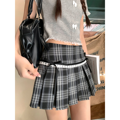 CCKOK 显腿长格纹蝴蝶结中低腰百褶裙2024夏季新款格子半身短裙女