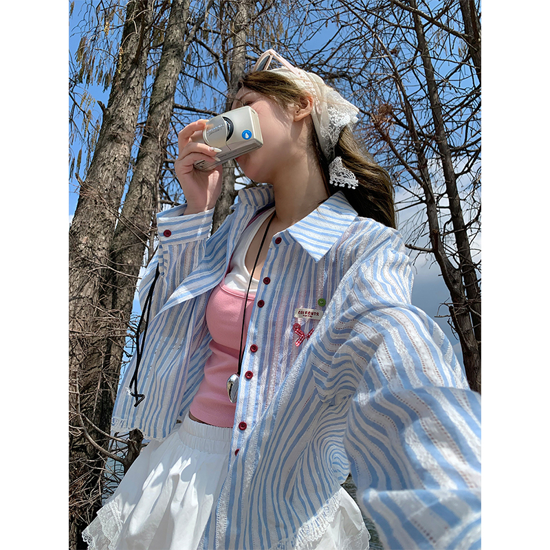 CCKOK 钩花蓝白条纹薄衬衫2025春夏新款韩版宽松衬衣防晒外套女