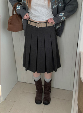 【现货】CCKOK 纯色毛呢百褶中裙秋季复古学院港风减龄西装半身裙