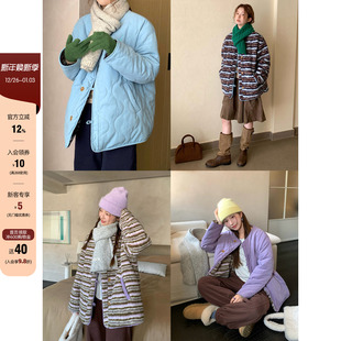 CCKOK 冬季韩系气质保暖双面穿拼条纹绒毛圆领棉服女外套