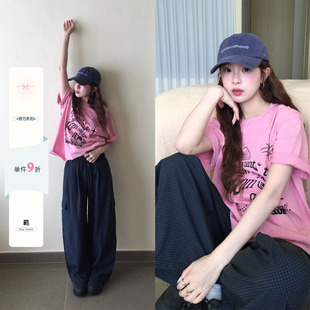 CCKOK 细格纹工装休闲裤2026夏季新款复古薄款格子运动阔腿长裤女