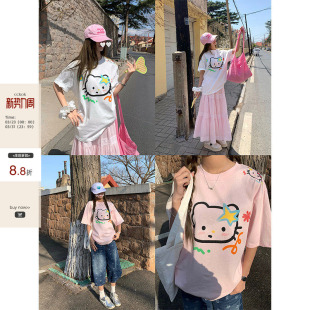日系减龄可爱短袖 手绘呆萌猫咪印花宽松T恤夏季 CCKOK 女 现货