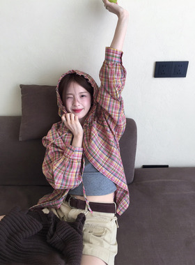 CCKOK 彩虹格纹连帽衬衫2026夏季新款薄款宽松休闲格子衬衣外套女