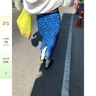 CCKOK 蓝白碎花肌理感雪纺半身裙2026春夏新款法式复古花边中长裙