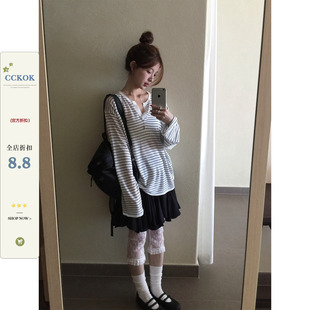 CCKOK 简约黑白条纹薄针织罩衫2026夏季新款复古宽松长袖上衣女