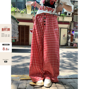 红色格纹阔腿休闲裤 直筒格子裤 2025夏季 宽松显瘦美式 女 新款 CCKOK