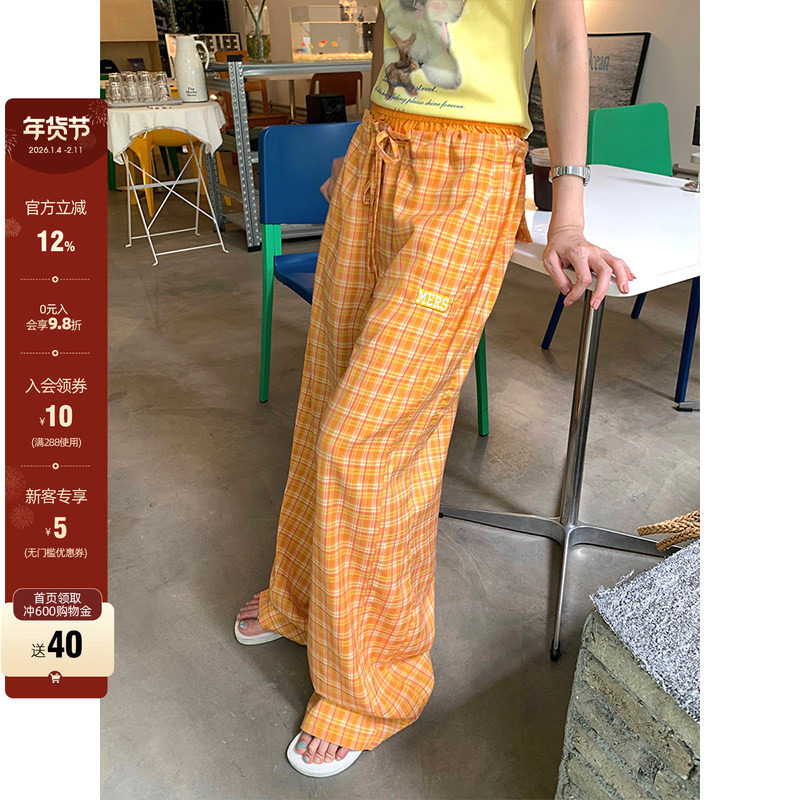 【现货】CCKOK 橙色格纹拼接假两件休闲裤夏季格子直筒阔腿裤女,女装/女士精品,休闲裤,淘宝优惠券,粉丝福利购,淘宝优惠卷