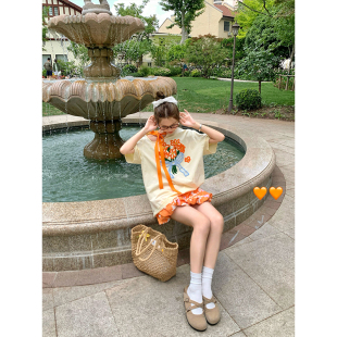 法式 CCKOK毛巾绣花束绑带蝴蝶结宽松T恤夏季 少女设计短袖 现货