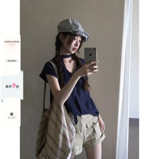 CCKOK V领上衣配飘带2026夏季新款气质休闲藏蓝色马甲短袖外套女