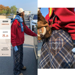 直筒格子休闲阔腿裤 女 新款 2025冬季 现货 格纹磨毛加绒微喇长裤
